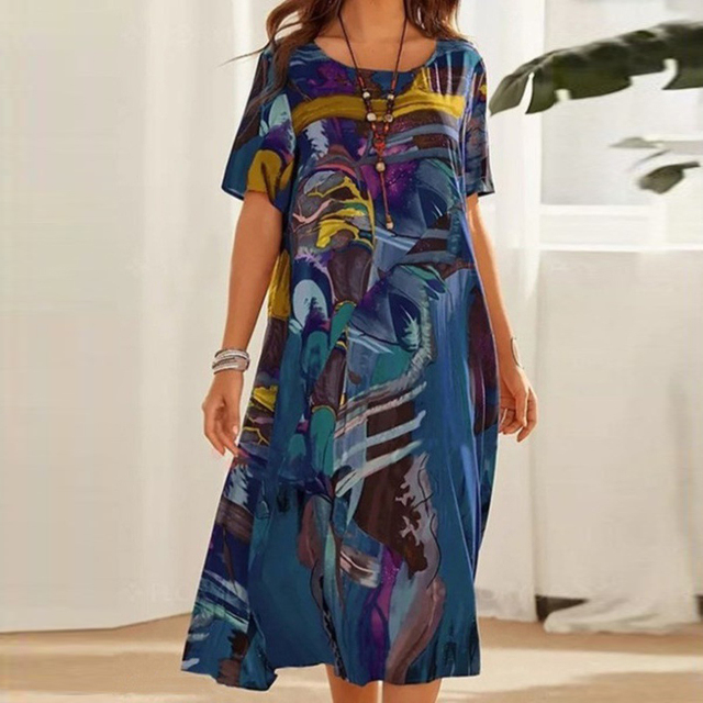 Vestido feminino maxi casual com estampa abstrata colorida, ideal para verão e primavera, moda confortável.