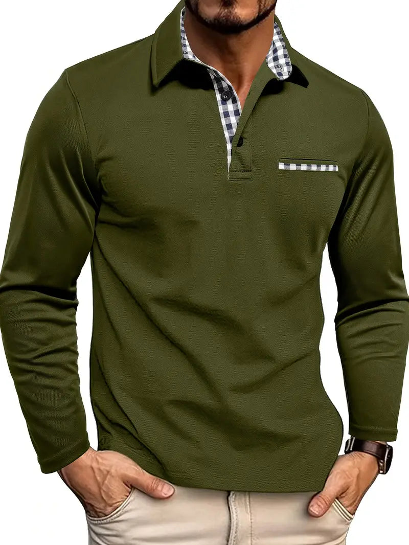 Homem com Camisa Polo Masculina Manga Longa Wilfredo. Estilo casual de moda masculina, versátil para o verão.
