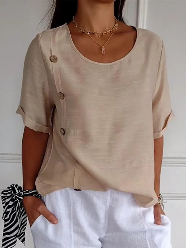 Camisa feminina casual de botões, tecido macio e caimento versátil. Blusa chic para moda diária.