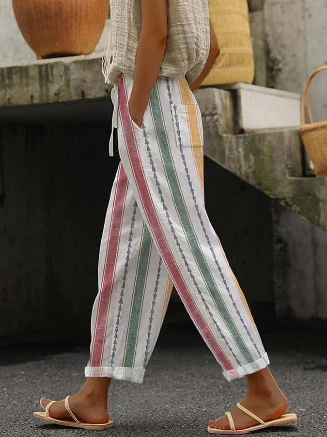 Calças femininas casuais retro listradas de corte largo para primavera verão, moda mulher com conforto.