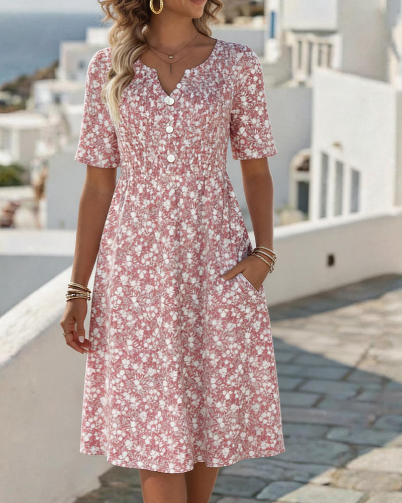 Vestido midi floral feminino rosa solto, leve e confortável para moda verão e primavera. Estilo casual e elegante.