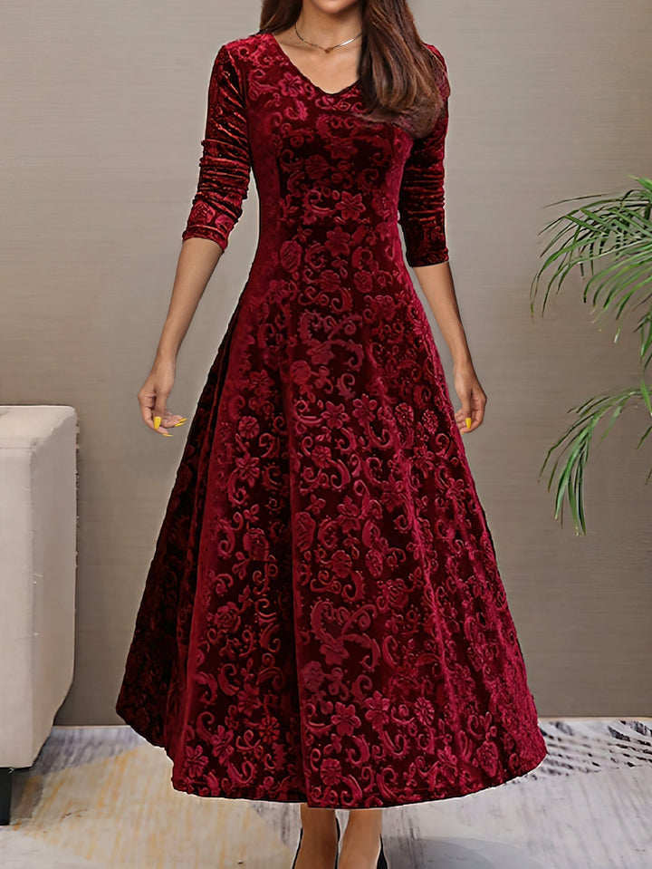 Vestido de festa feminino com decote V, estilo glamour, mangas longas, perfeito para celebração noturna.
