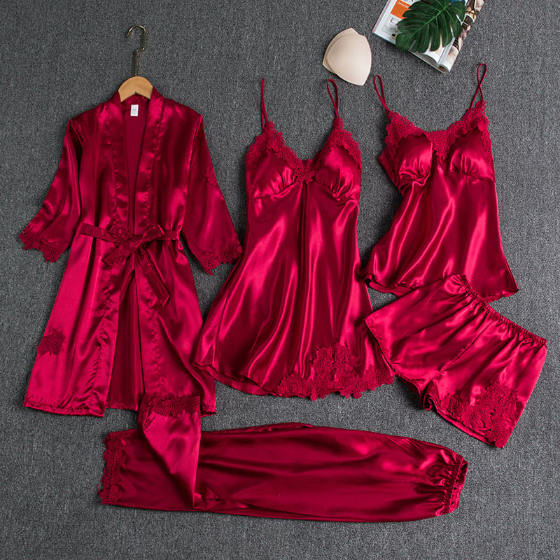 Conjunto de pijama feminino de 5 peças. Conforto e elegância para sua roupa de dormir noturna.