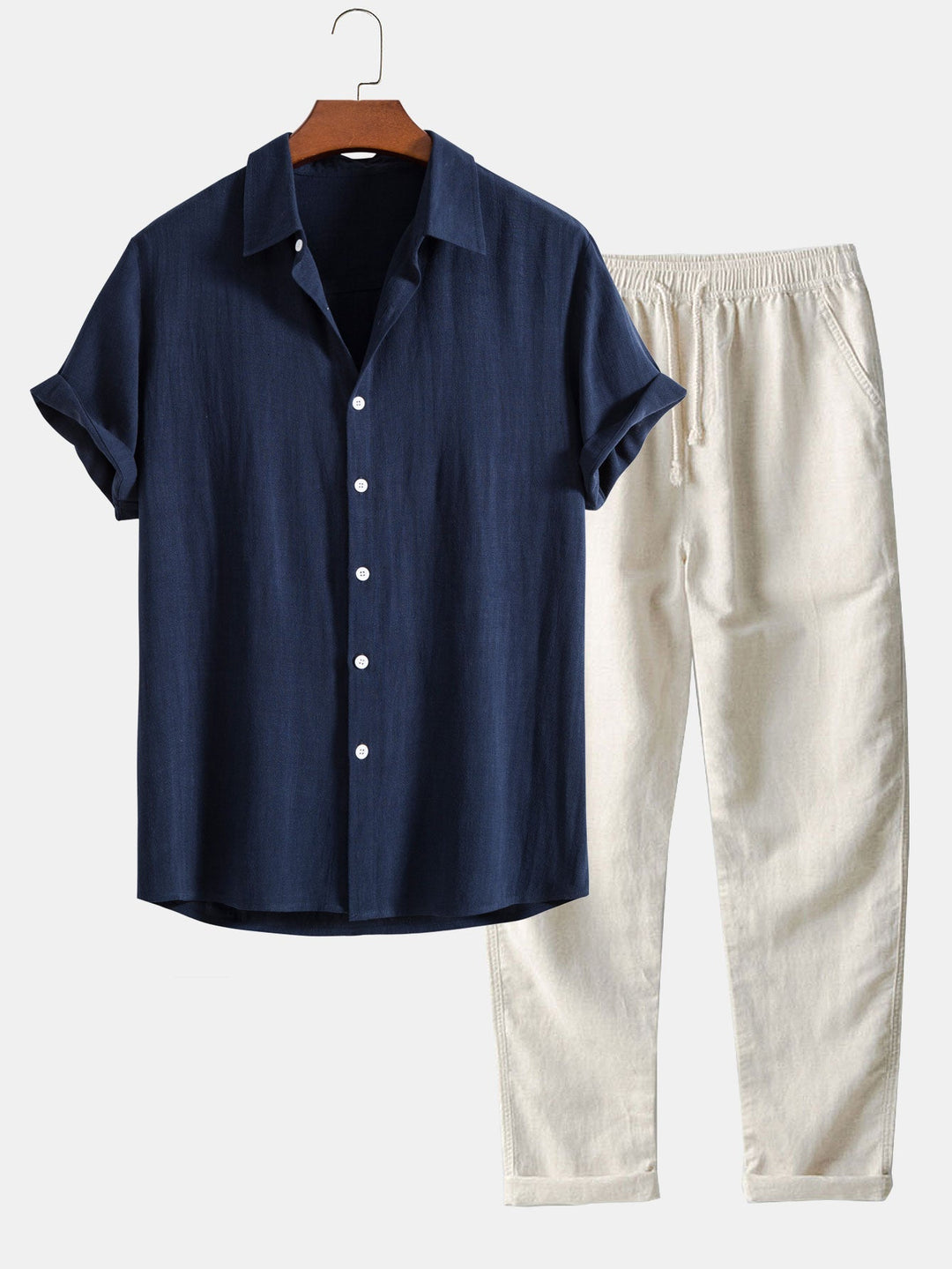 Conjunto masculino casual verão: camisa manga curta e calça fluida. Conforto e estilo para dias quentes.