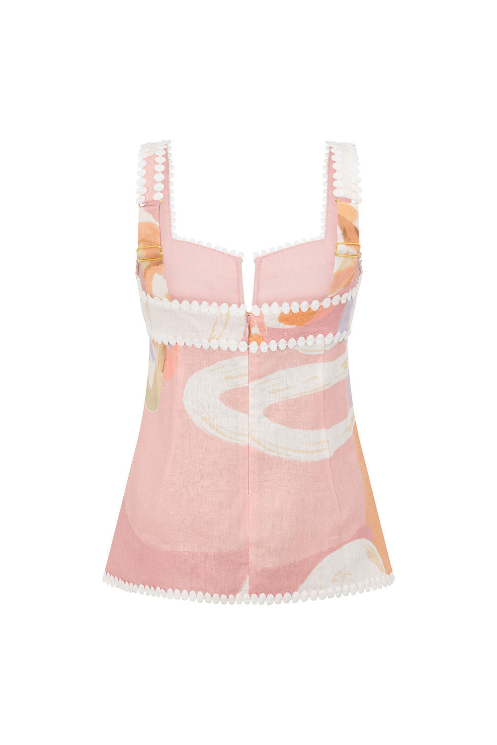 Blusa rosa feminina, estampa única, botões e sem mangas. Peça versátil para o verão casual elegante.
