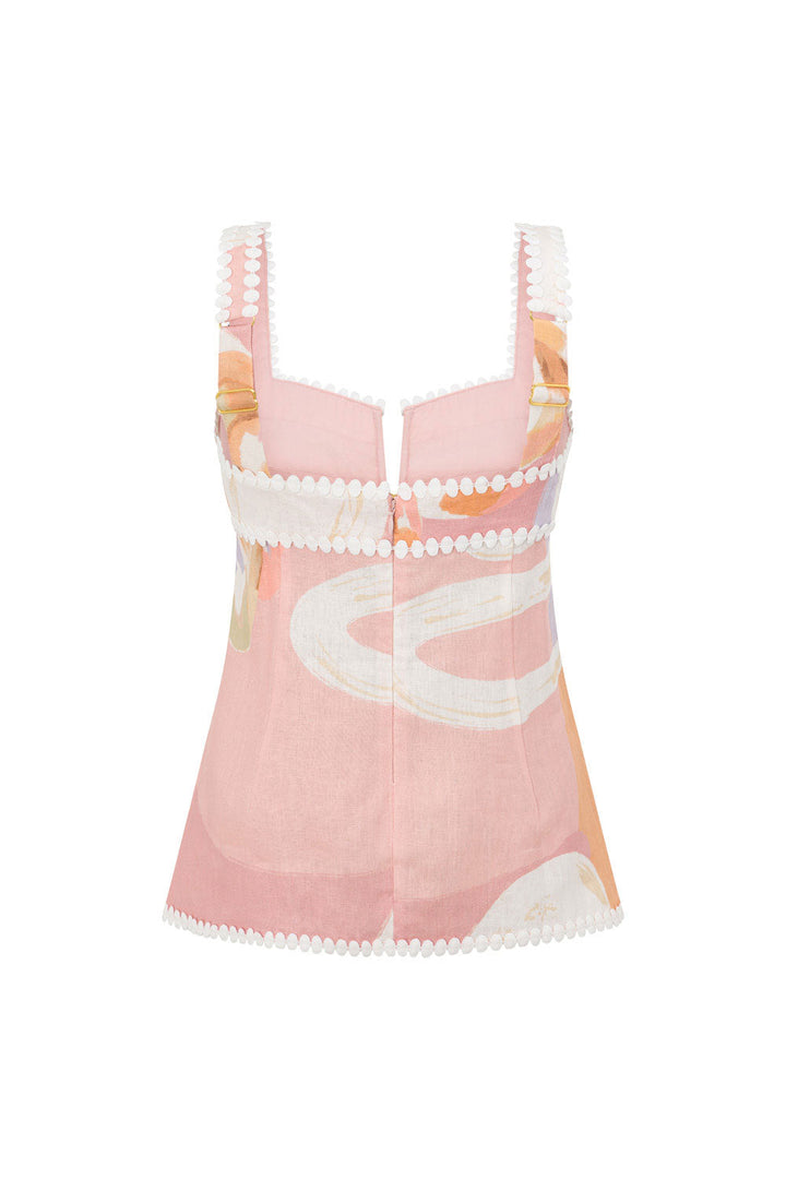 Blusa rosa feminina, estampa única, botões e sem mangas. Peça versátil para o verão casual elegante.