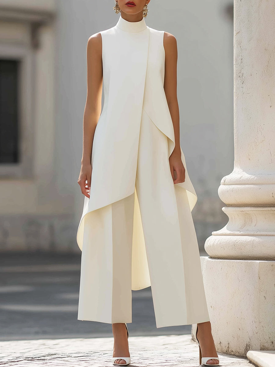 Macacão feminino elegante gola alta, perna larga, ideal para ocasiões especiais.