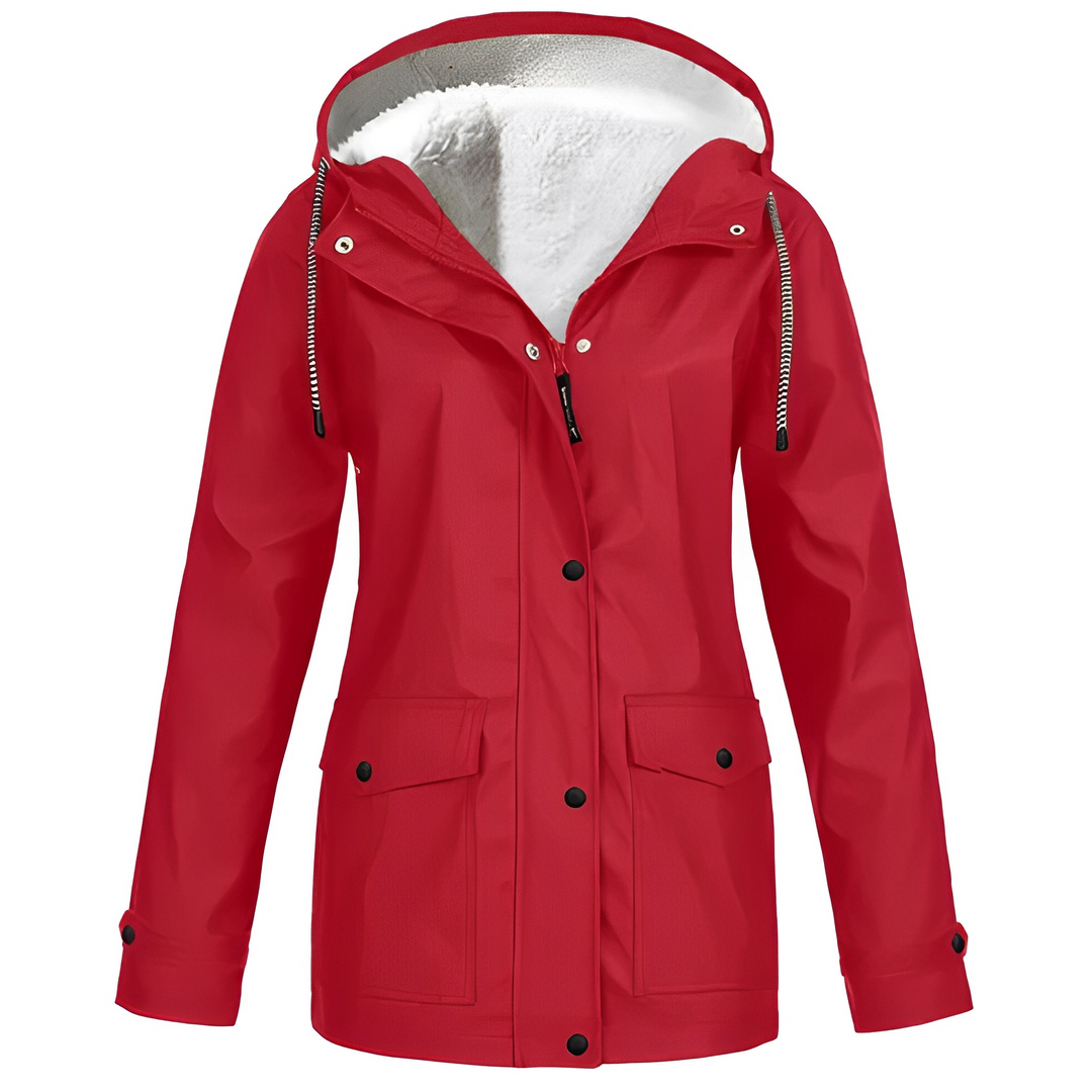 Casaco de chuva feminino com forro quente, impermeável, design moderno, para proteção e moda no inverno.