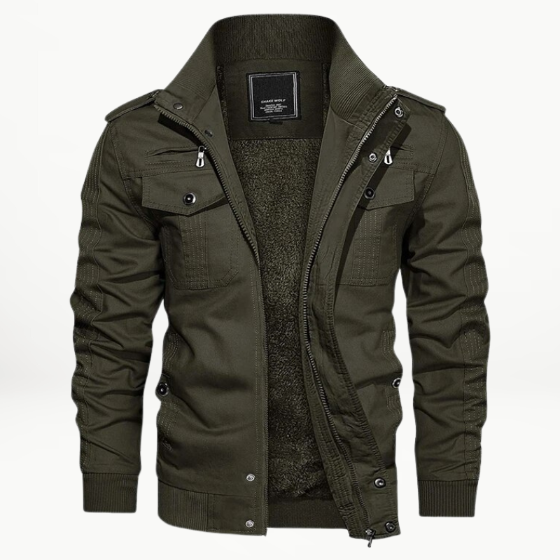 Jaqueta masculina aconchegante para inverno, com zíper e gola alta. Ideal para proteção e conforto no frio.