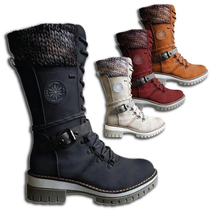 Conforto e estilo no inverno: bota feminina cano alto, impermeável, com cadarço.