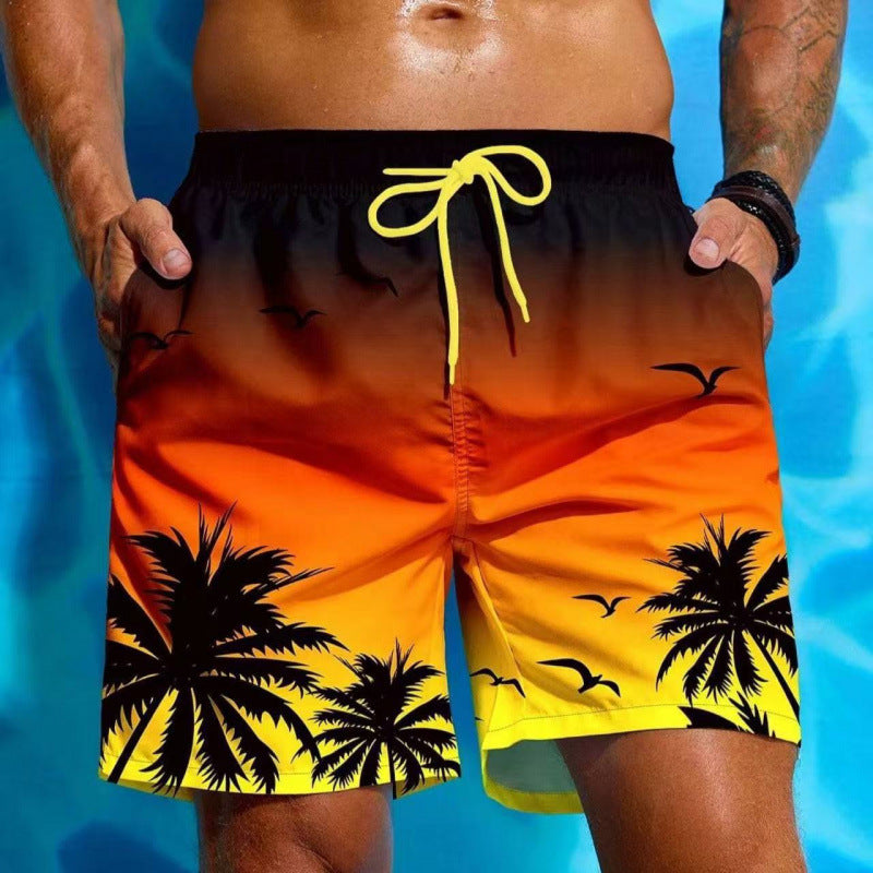 Shorts de praia masculinos com estampa tropical, perfeitos para moda praia, conforto e estilo no verão.