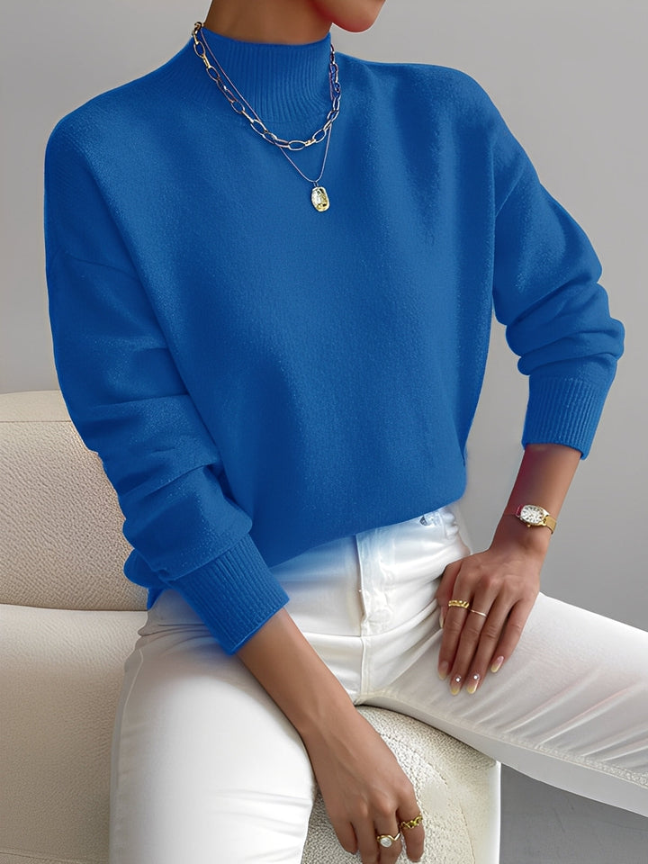 Suéter feminino chic de gola alta, blusa moderna e quente para moda de inverno diária.