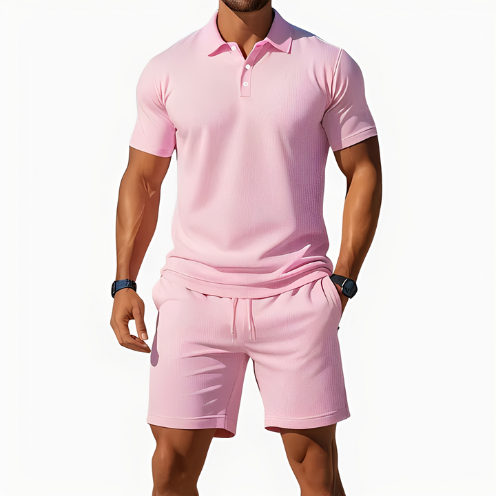 Conjunto de duas peças masculino estilo verão, com polo e short para máximo conforto.