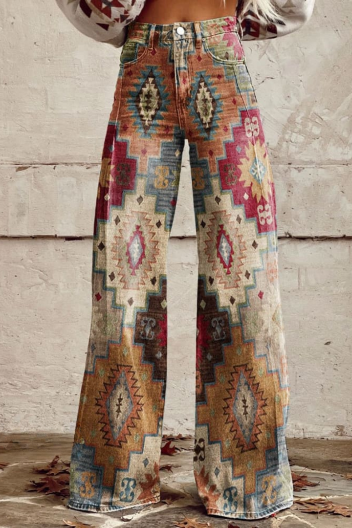 Calça feminina retrô boho vintage de cintura alta e perna larga para conforto e estilo casual de verão.
