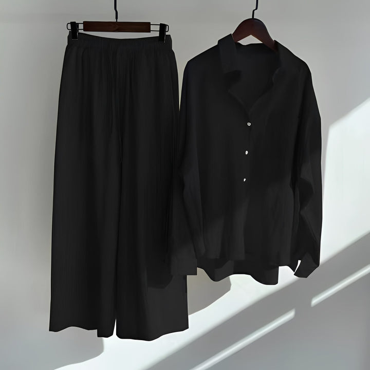 Conjunto feminino folgado de verão, ideal para conforto e dias quentes.
