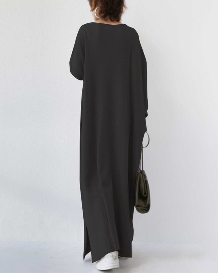 Vestido longo feminino elegante para inverno, mangas compridas, detalhe nas costas. Roupa feminina confortável.