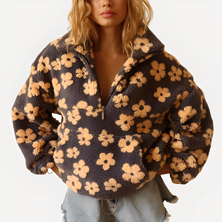 Pulôver feminino sherpa floral com estampa boho. Perfeito para moda inverno aconchegante e casual.