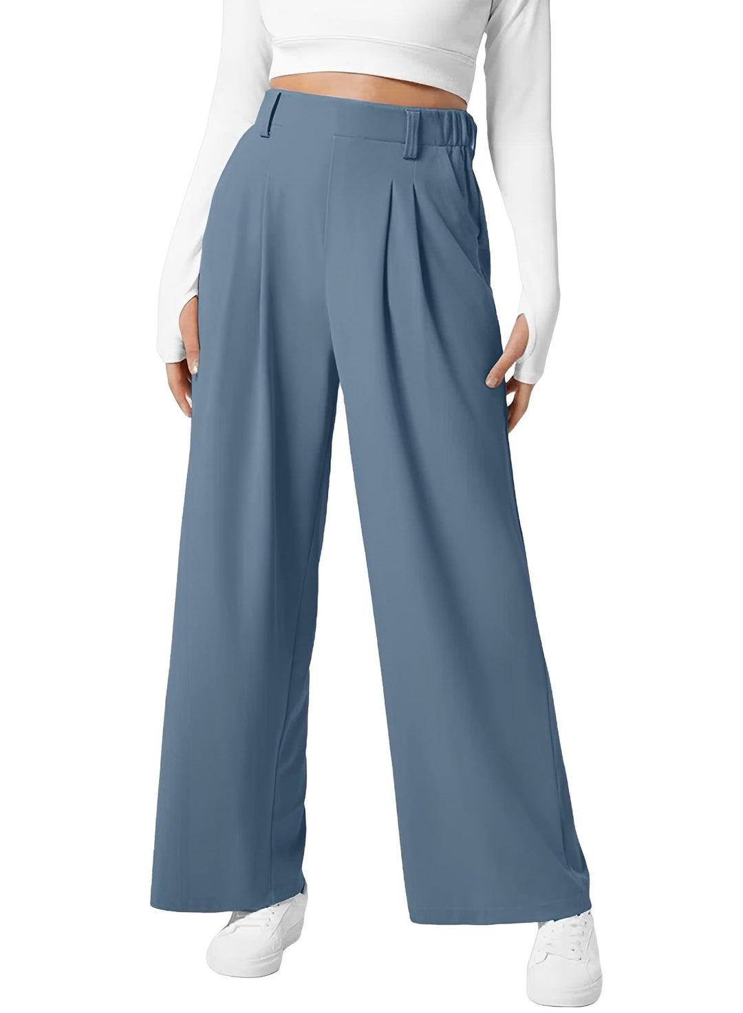 Confortáveis calças femininas elásticas de cintura alta e perna larga. Roupa feminina ideal para casual diário ou ambiente de trabalho.