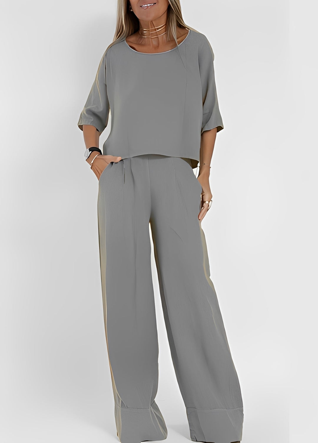 Look completo: conjunto feminino de duas peças casual para primavera verão. Moda feminina confortável e estilosa.