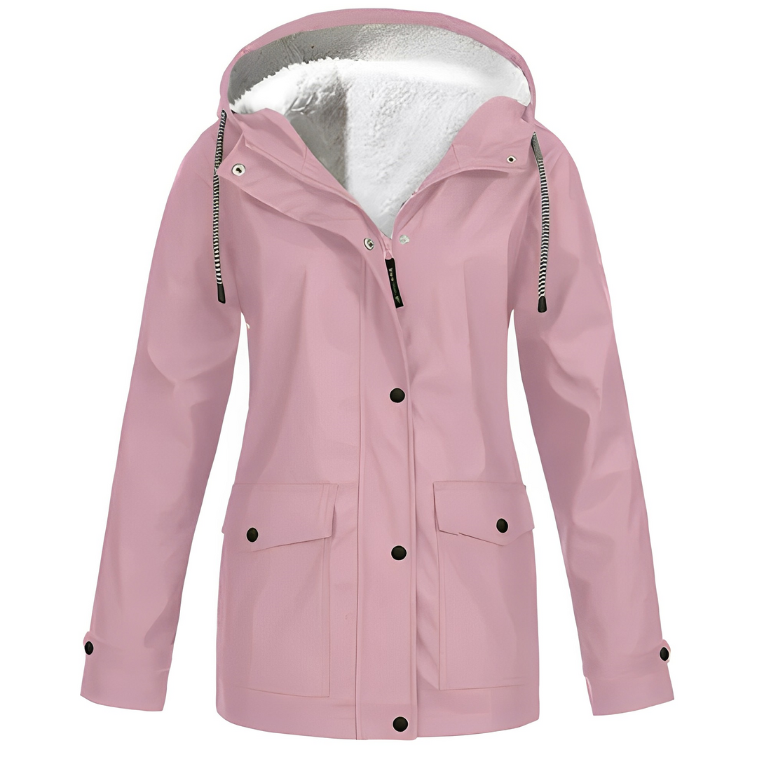 Agasalho impermeável feminino para chuva e frio, com ajuste confortável, essencial para outono/inverno.