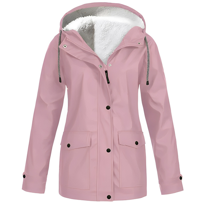 Agasalho impermeável feminino para chuva e frio, com ajuste confortável, essencial para outono/inverno.
