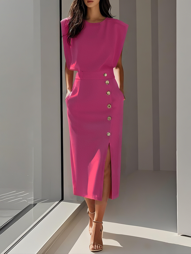 Vestido midi feminino Aina, decote redondo e fenda, um clássico elegante p/ seu guarda-roupa.