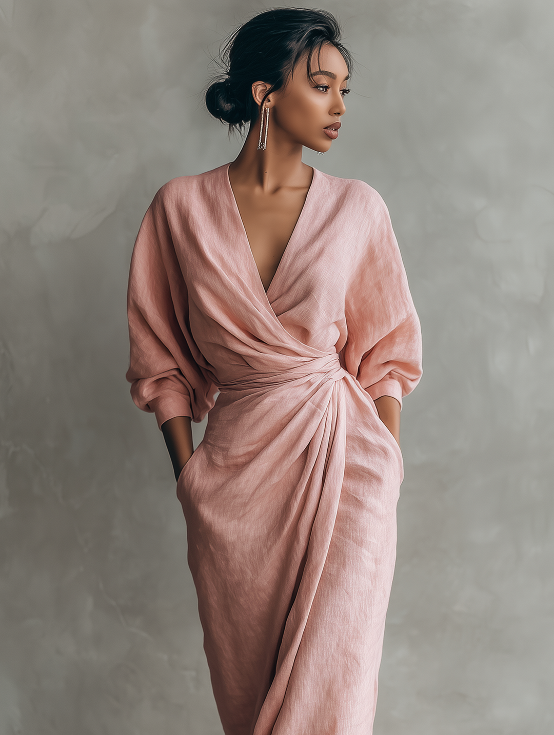Vestido feminino maxi com decote V, estilo elegante para primavera/verão, roupa casual chic e versátil.