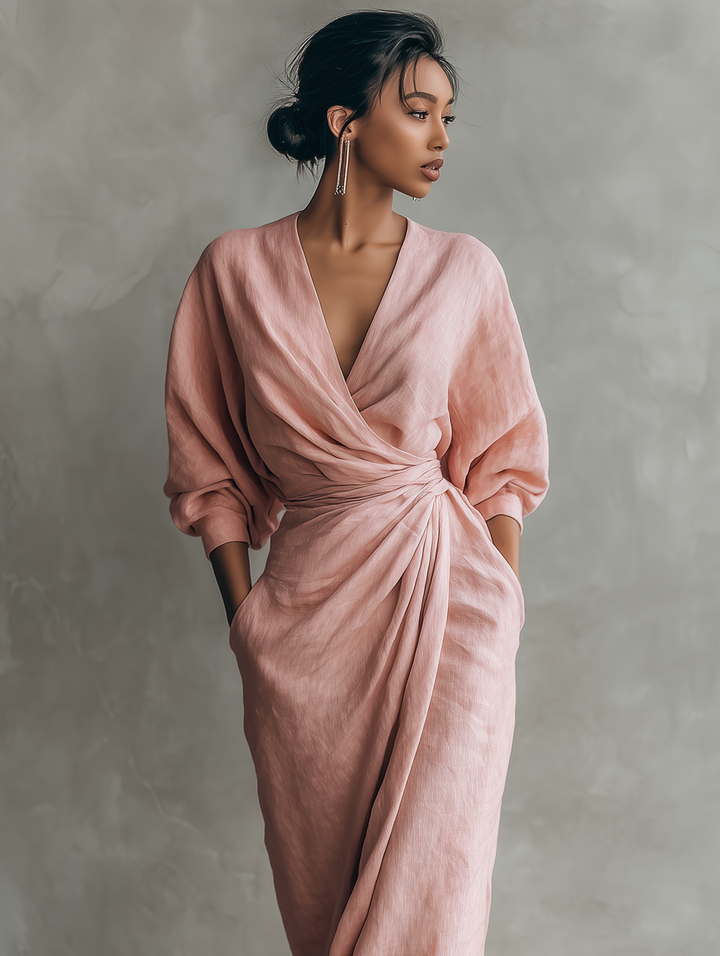 Vestido feminino maxi com decote V, estilo elegante para primavera/verão, roupa casual chic e versátil.