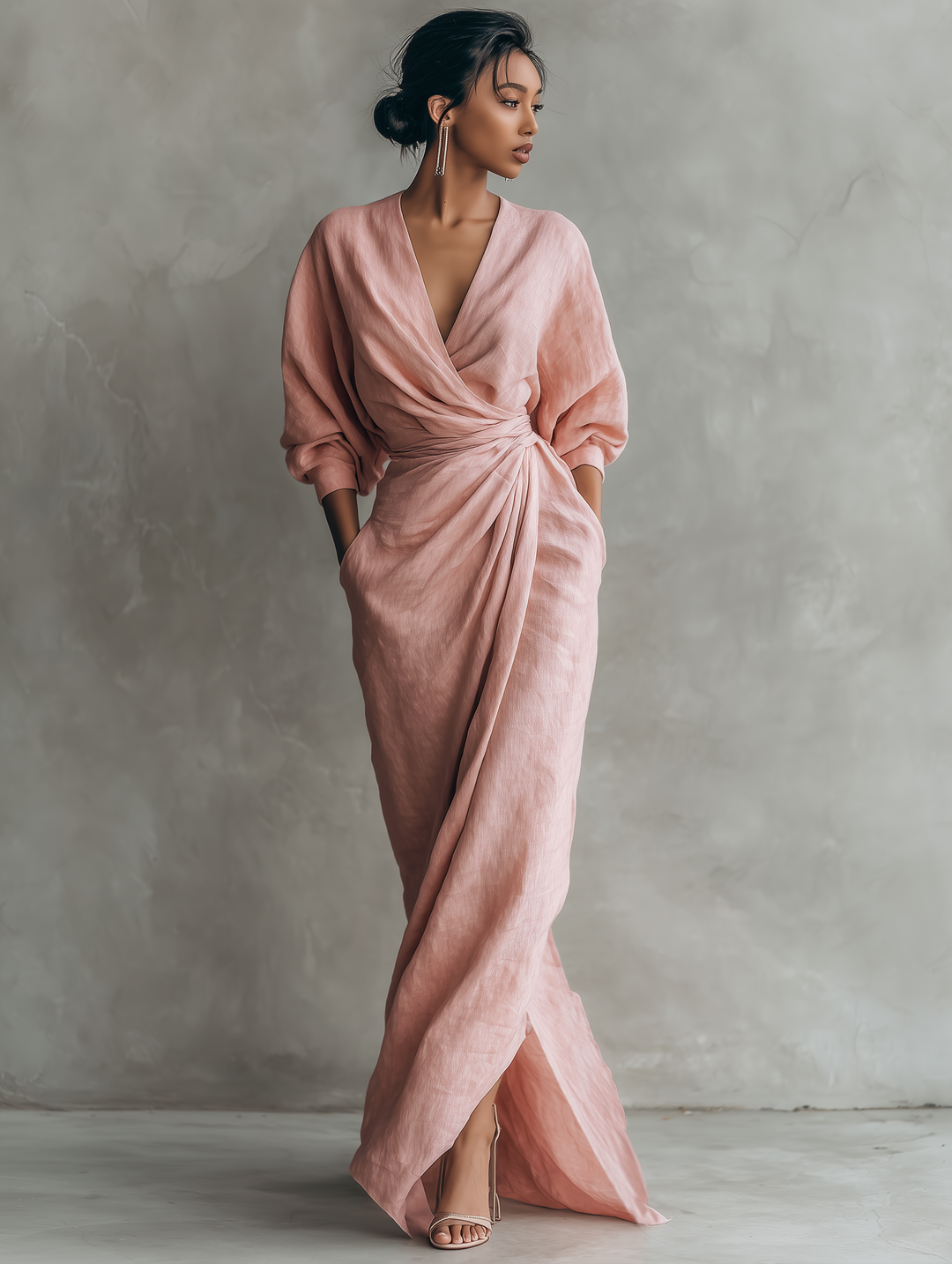 Vestido maxi minimalista feminino, decote V, confortável para moda casual e eventos de primavera/verão.