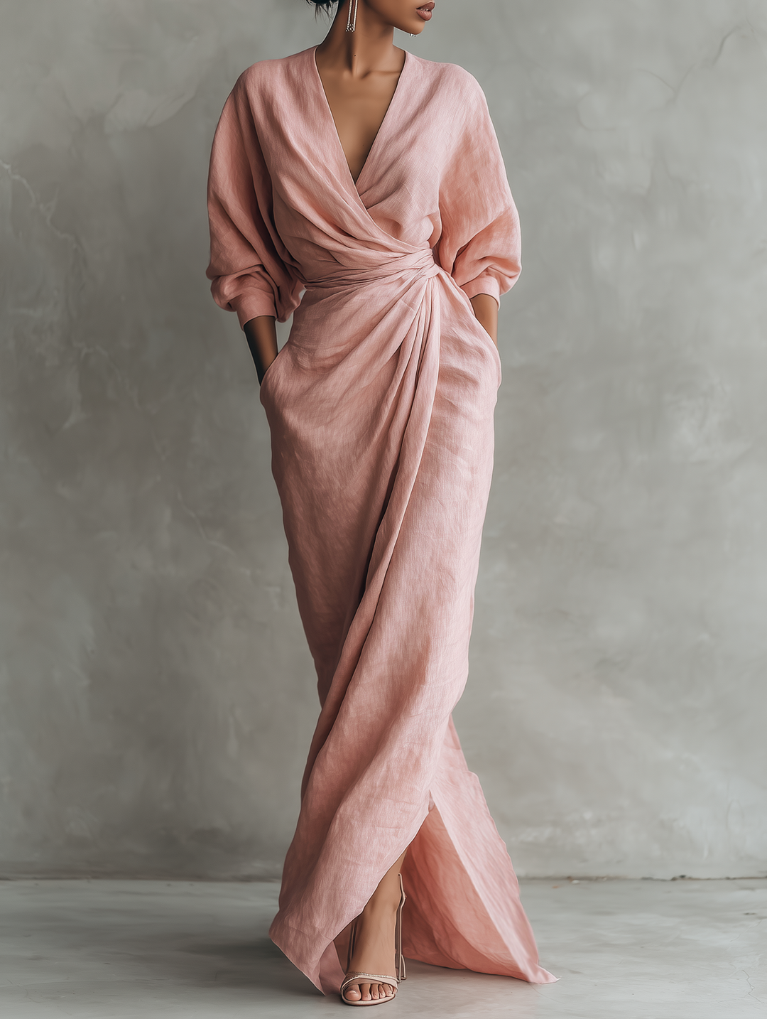 Vestido maxi feminino minimalista com decote V, ideal para o verão e primavera, moda feminina.