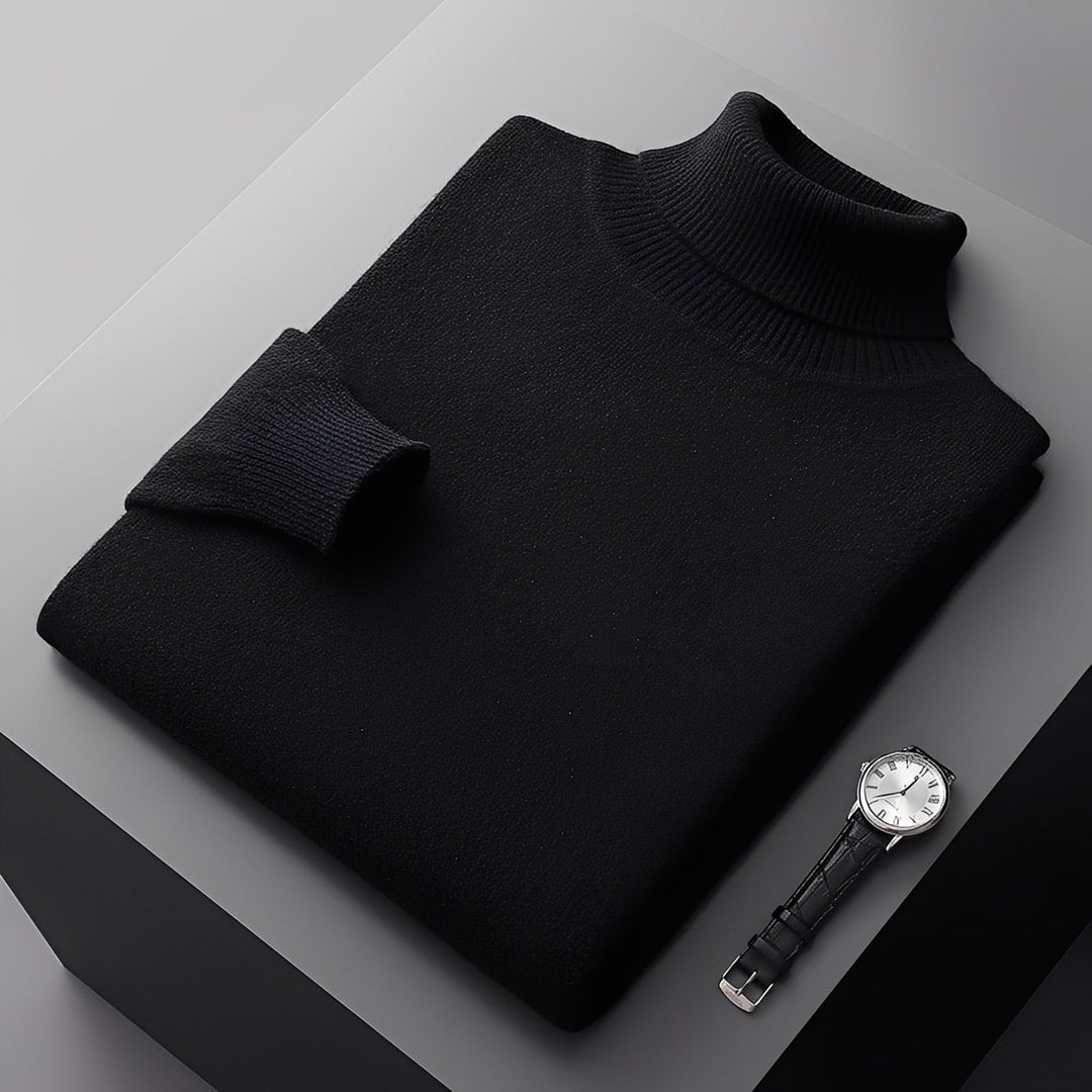 Design elegante de suéter masculino de gola alta, essencial para o conforto no inverno.