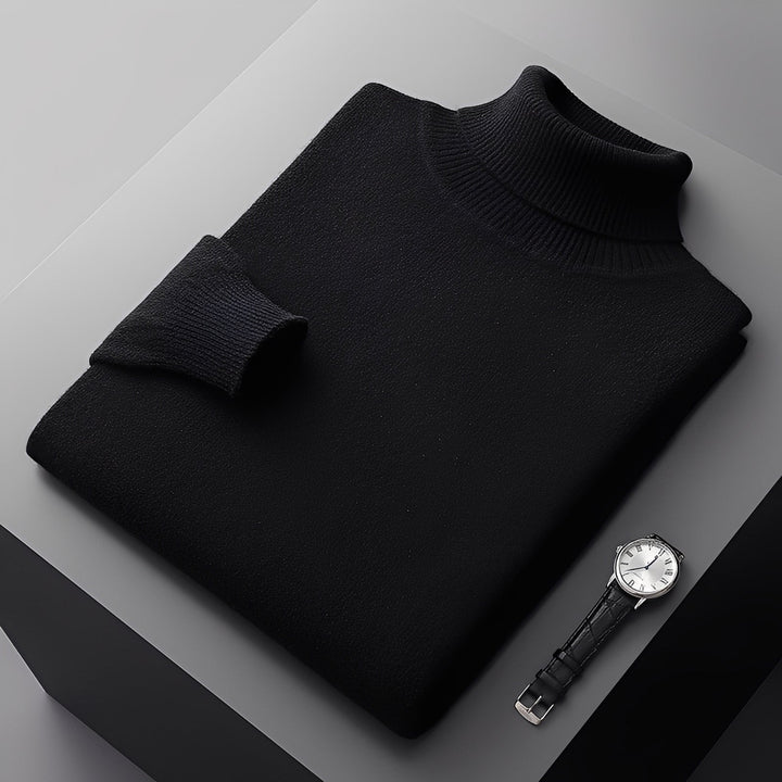 Design elegante de suéter masculino de gola alta, essencial para o conforto no inverno.