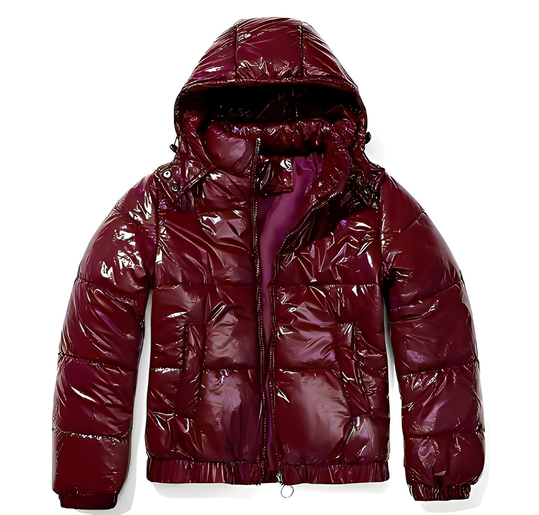 Casaco de inverno feminino, chique e brilhante, com capuz. Perfeito para estilo urbano e aquecimento.
