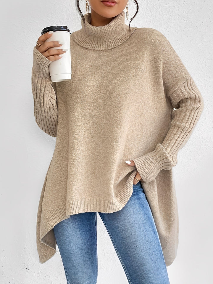 Camisola feminina de gola alta confortável, ideal para inverno e outono, com manga comprida e estilo versátil.