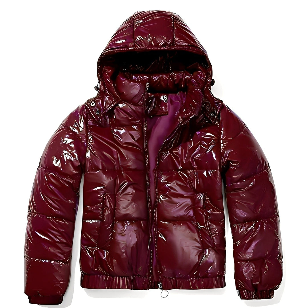 Jaqueta feminina moderna com acabamento brilhante e capuz. Puffer acolchoado, essencial para o inverno e o frio.