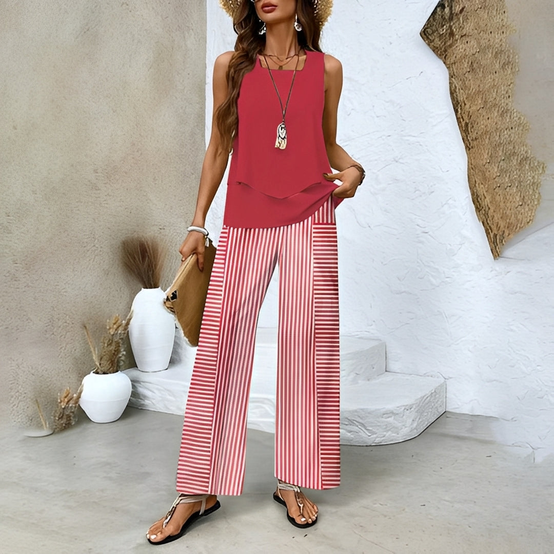 Roupa de férias feminina, conjunto duas peças de verão que combina elegância e praticidade.