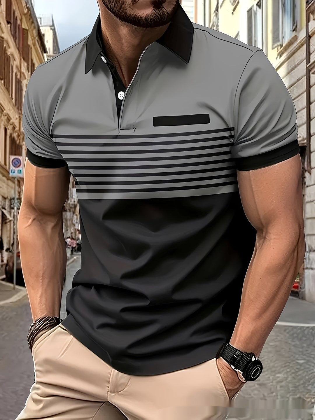 Camisa polo masculina slim fit verde, combinada para um visual casual elegante e moderno.