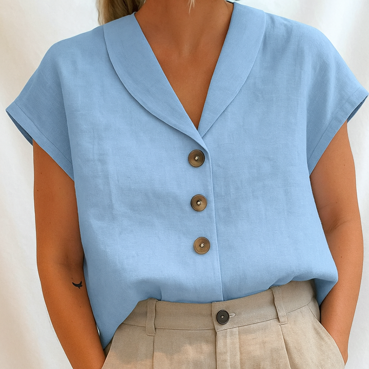 Blusa feminina lisa elegante, manga curta. Camisa versátil para o verão, primavera, trabalho e lazer.