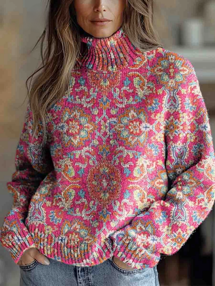 Suéter feminino rosa de malha suave, confortável e elegante, ideal para moda outono casual.