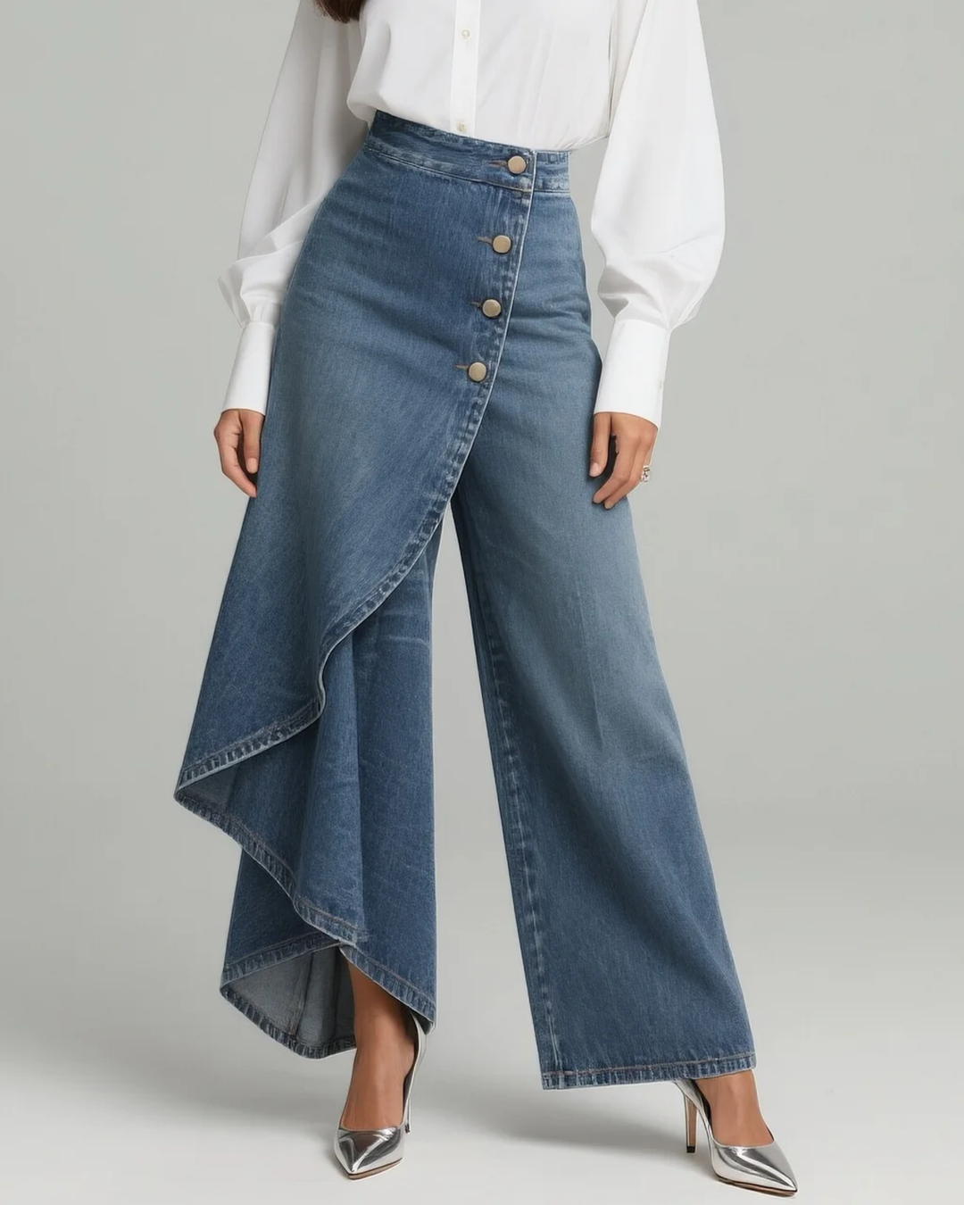 Calças jeans femininas slim fit azul, cintura alta, com detalhe de envoltório e botões. Estilo casual e moderno.