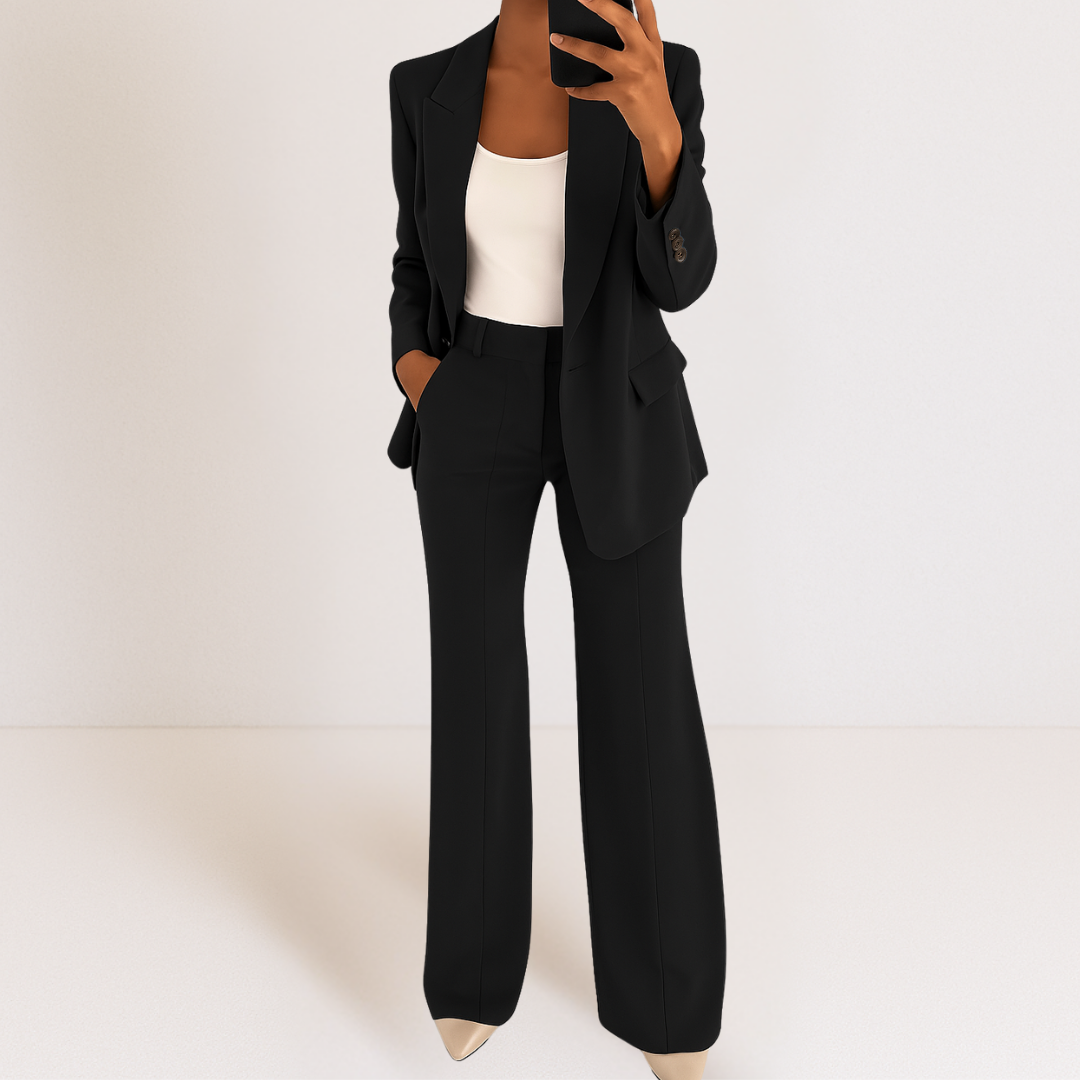 Roupa feminina elegante de duas peças, terno clássico para um visual refinado e profissional.