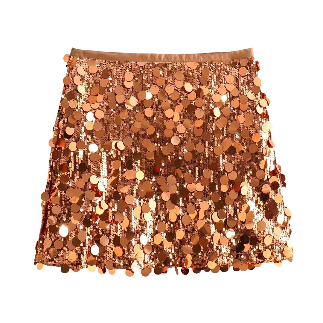 Saia feminina de lantejoulas, mini e curta, ideal como roupa de festa para eventos com muito estilo.
