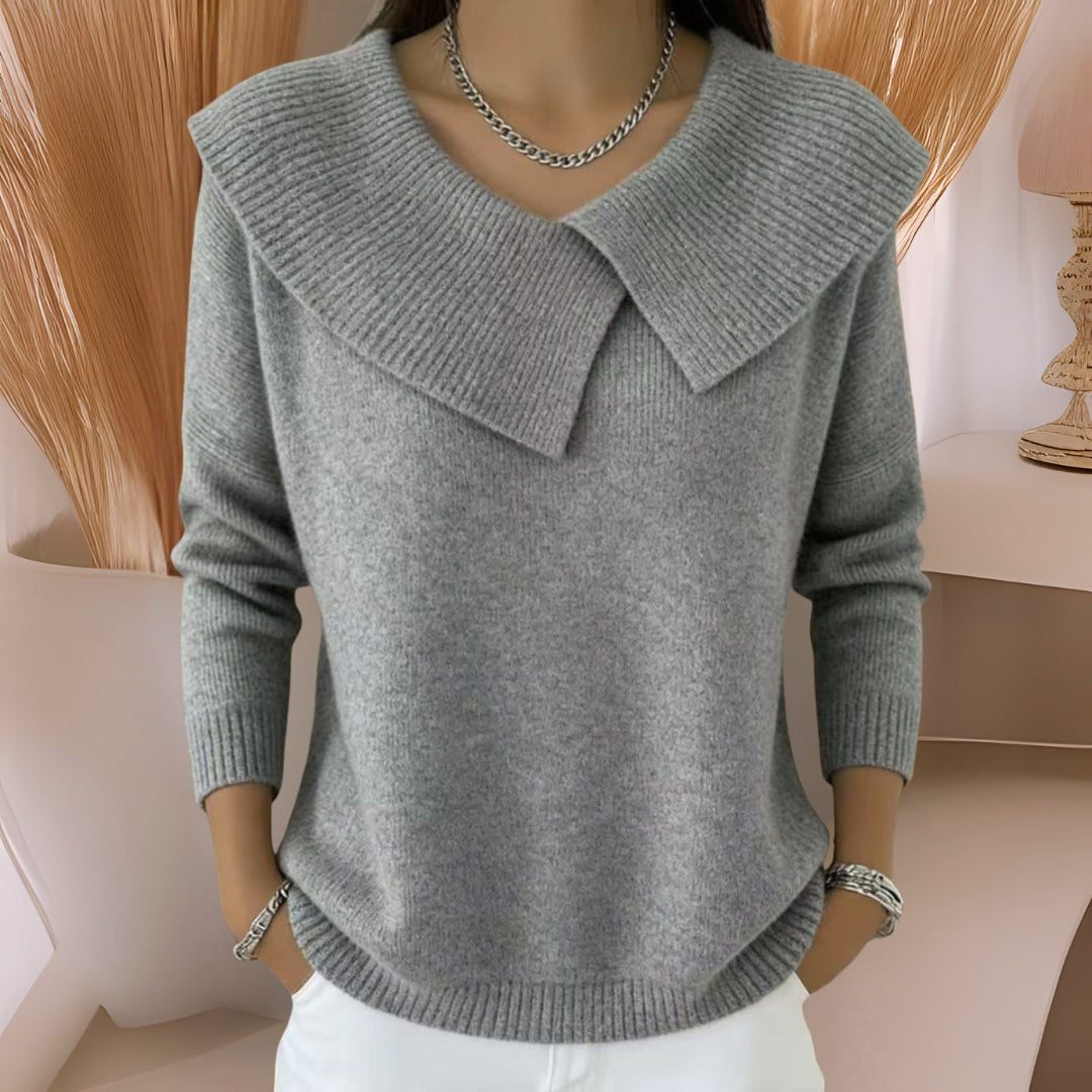 Camisola de mulher de malha, gola suave e design confortável. Pullover elegante para moda feminina de outono.
