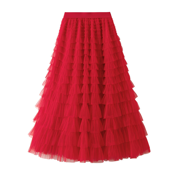 Saia feminina elegante com babados e caimento em linha A, perfeita para um visual fresco e moderno de verão.