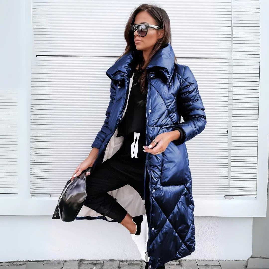 Casaco longo feminino de inverno, estilo casual elegante, ideal para moda e proteção contra o frio intenso.
