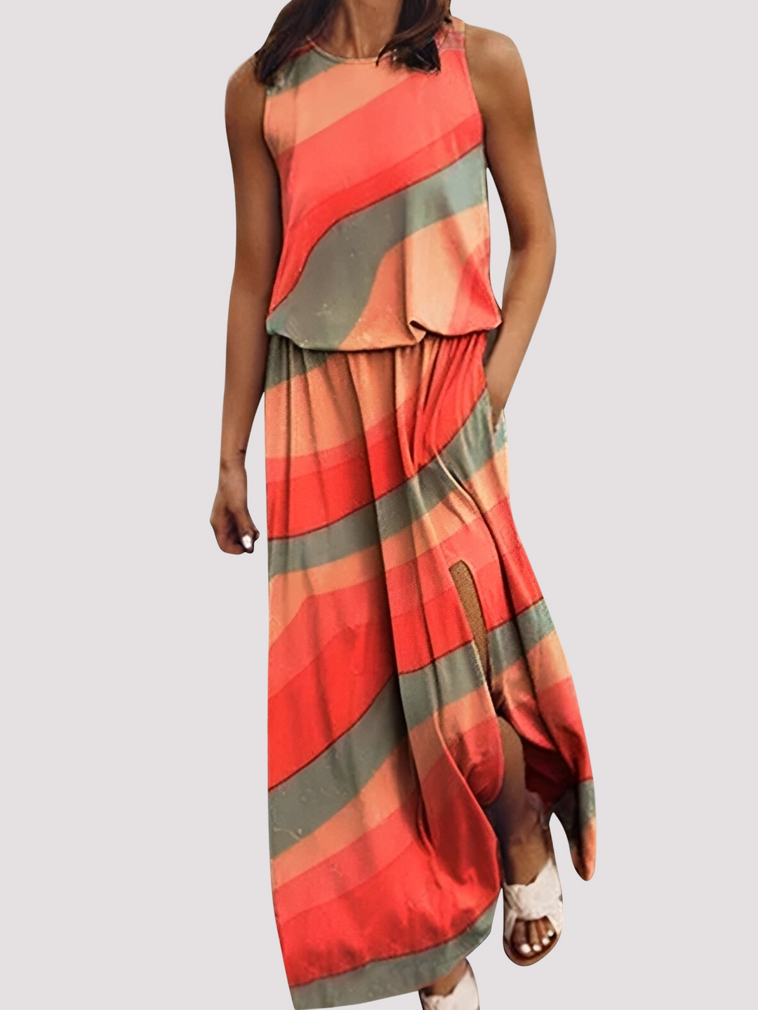 Vestido longo feminino Halle elegante, sem mangas, perfeito para o verão. Conforto casual e moda.