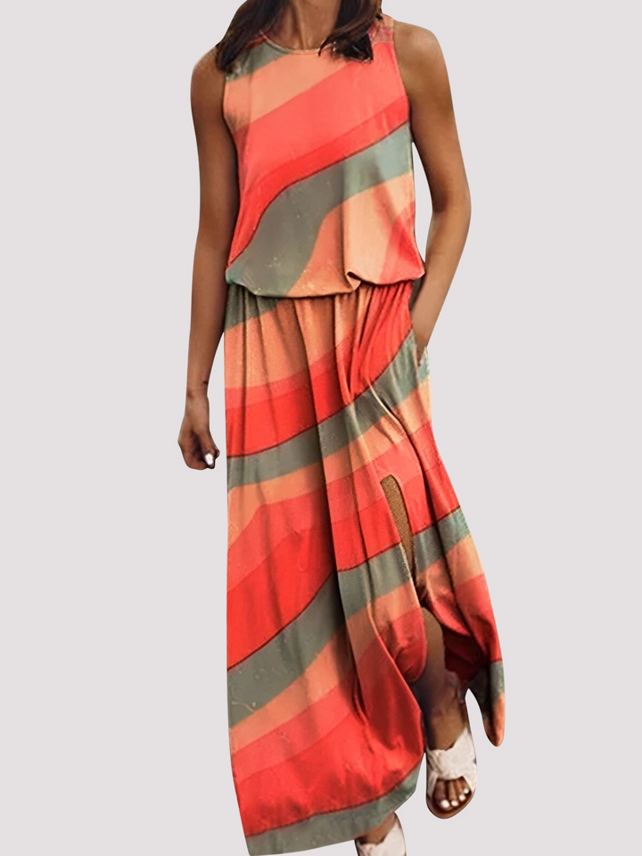 Vestido longo feminino Halle elegante, sem mangas, perfeito para o verão. Conforto casual e moda.