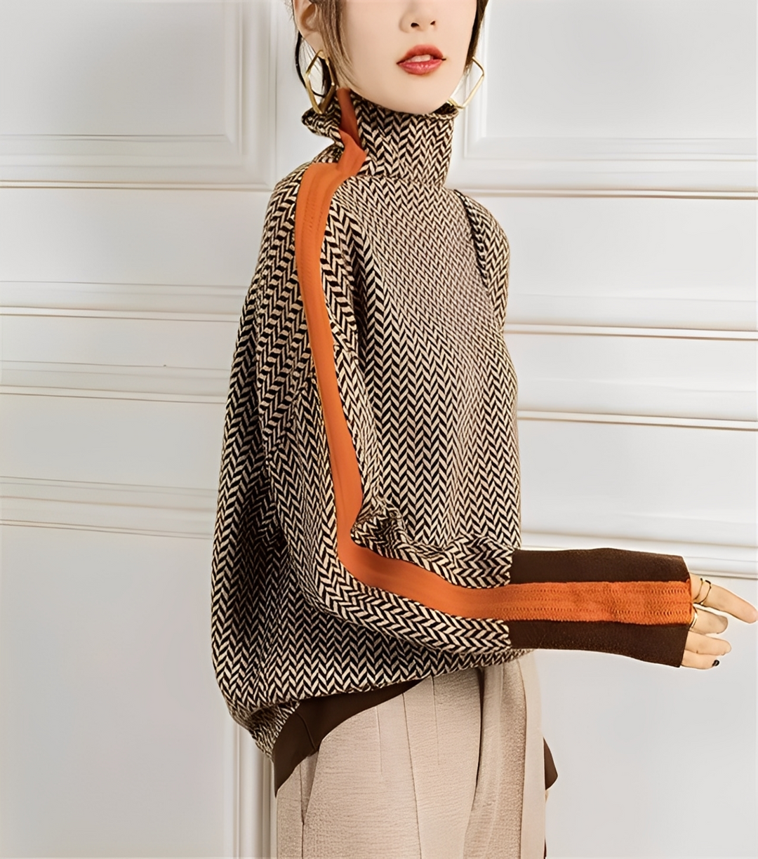 Camisola feminina de gola alta elegante e confortável para outono/inverno, perfeita para moda casual. Cor laranja vibrante.