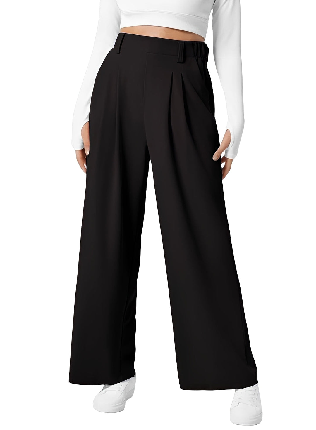 Calças femininas de perna larga e cintura alta elásticas. Perfeitas para looks casuais e elegantes no escritório. Roupa de verão versátil.