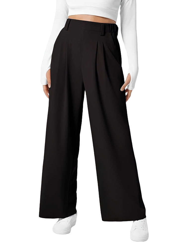 Calças femininas de perna larga e cintura alta elásticas. Perfeitas para looks casuais e elegantes no escritório. Roupa de verão versátil.